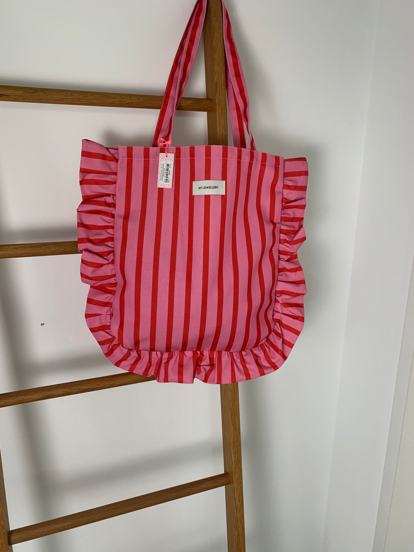 Pink - rot gestreifter Shopper mit Rüschen